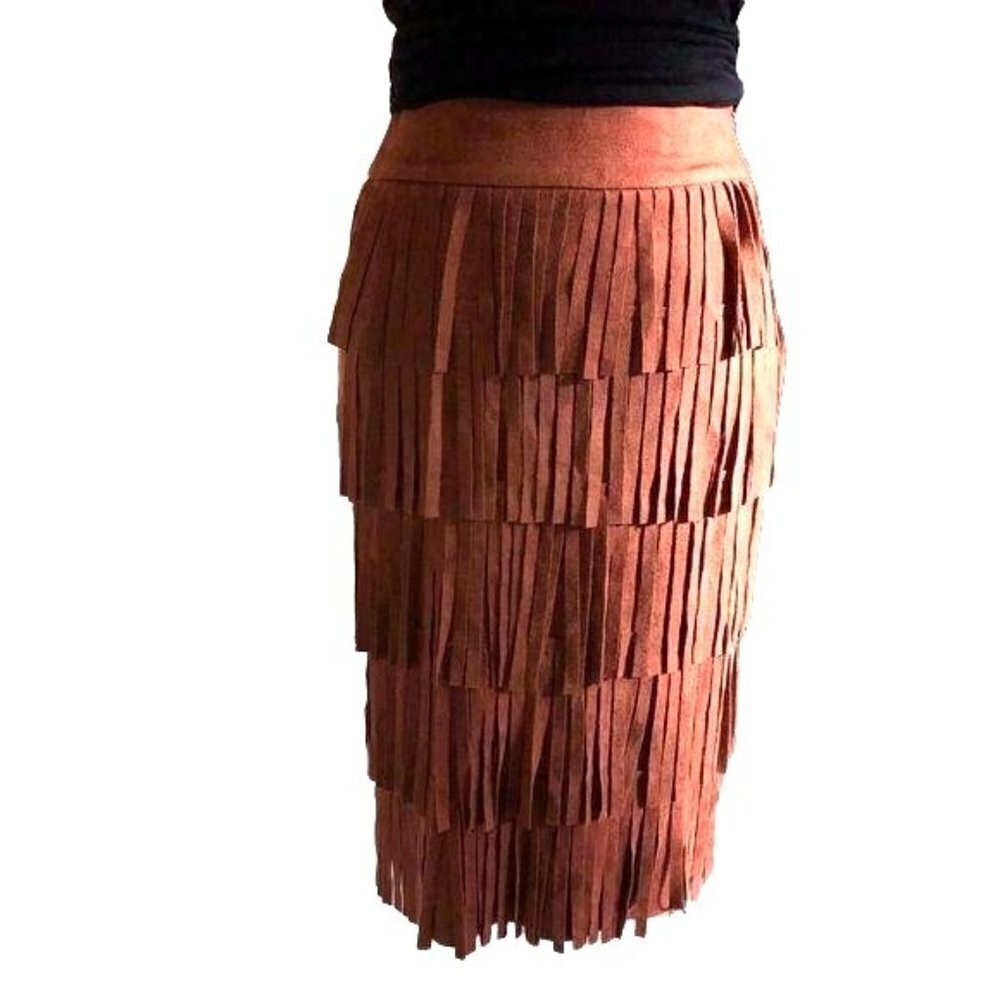J.O.A. Los Angeles Fringe Skirt Small Brown Lined Hidden Side Zipper Hook Eye
